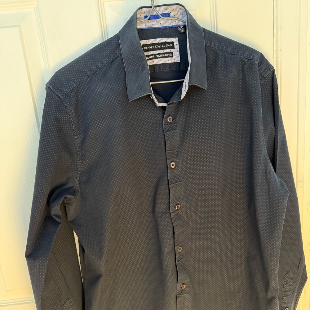 Report Collection Slim Fit Dress Shirt – Navy with Micro-Dot Pattern – 16 34/35